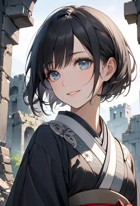 Upper body close-up（((masterpiece), on)"Perfect face, short black hair, beautiful eyes, Japanese, clean facial features, she smiles gently as she gazes at the ruins of an ancient castle. Her face shows calm, and her eyes reflect a sense of reverence for th...