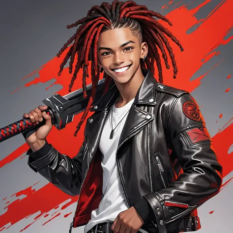 A young guy, dark-skinned, mixed race, gray eyes, smiling, white teeth, sharp facial features, very thin, black and red dreadlocks, dressed in a leather jacket, holding a weapon in his hands