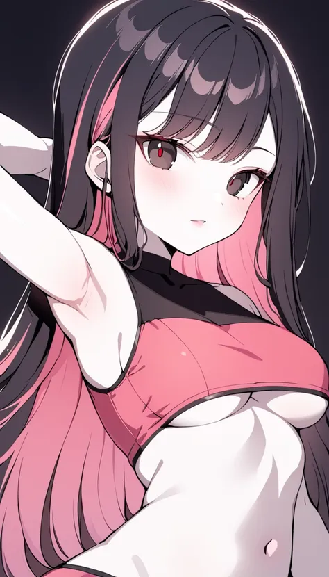 1 girl, medium breasts, raven black hair, light red highlights in hair, straight hair style, long hair, light red and black eyes...