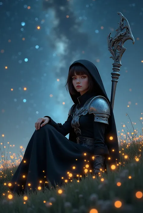 A young woman with short, dark brown hair and deep red eyes, sits calmly on a grassy hill in the middle of a vast, moonlit meadow. Her attire is a unique fusion of a nun’s traditional garb and battle armor: a flowing black habit, slightly torn from past ba...