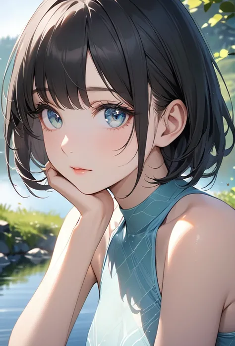 Upper body close-up（((masterpiece), on) "Perfect face, short black hair, beautiful eyes, Japanese, clean facial features, wearing a modest swimsuit, she sits quietly by a calm lakeside, taking a peaceful break. The serene lake reflected in her eyes enhance...