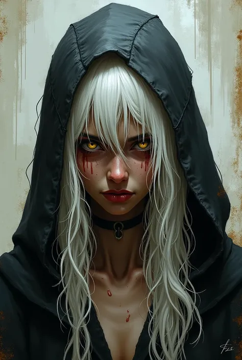 white Hair, messy hair, 1girl, Dark Skin, Scars, black robe, Hair Between Eyes, Yellow Eyes, Fang, Action Painting, Looking at viewer, Tears, Hood, Absurdly Long Hair, Wet Hair, Small Breasts, Slit Pupils, Frown, Scar On Cheek, 