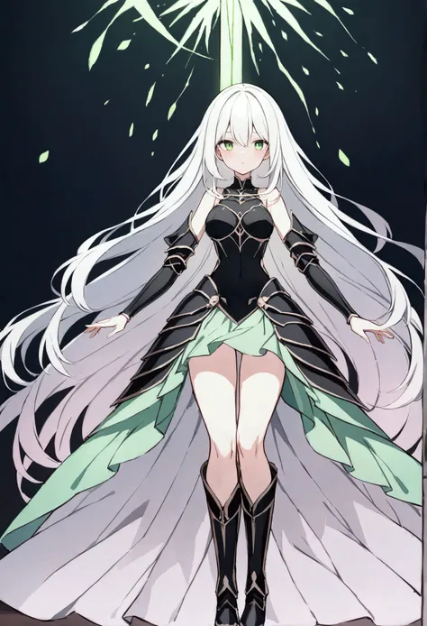 girl, with white long hair and wavy. 
Slender, with a delicate frame, and Skin Color is Pale.
Large, expressive green eyes. 
Height: 54" (162 cm) and Weight: 110 lbs (50 kg)
Show her with Knight armor and boots armor and show her using a sword. 