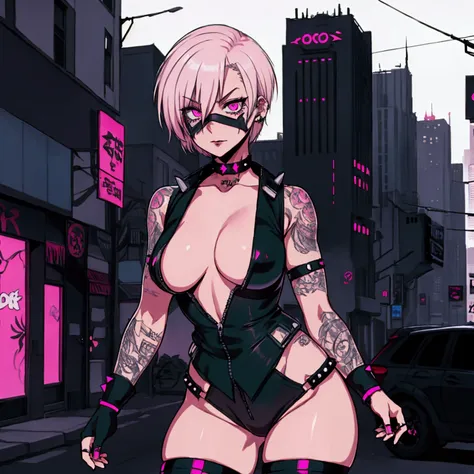 1 girl, solo, cyber ninja, short hair hair, medium breasts, pink eyes, white hair, half-mask, tattoo, gothic, punk, middle thigh...