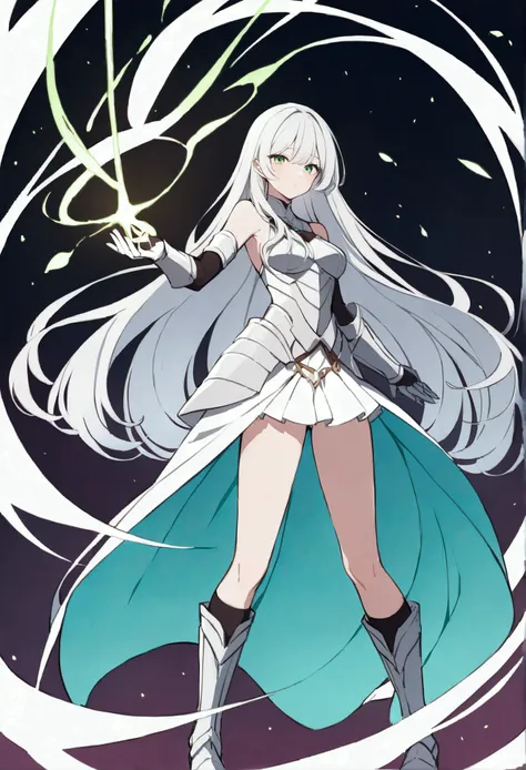 girl, with white long hair and wavy. 
Slender, with a delicate frame, and Skin Color is Pale.
Large, expressive green eyes. 
Height: 54" (162 cm) and Weight: 110 lbs (50 kg)
Show her Knight armor and boots armor and show her using a sword. 