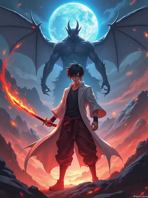 A dynamic web novel cover featuring the protagonist, Rin, standing boldly with a katana engulfed in flames. He has an intense, confident expression, and dark hair with some red highlights, reflecting his half-demon heritage. Behind him, there is a large, s...