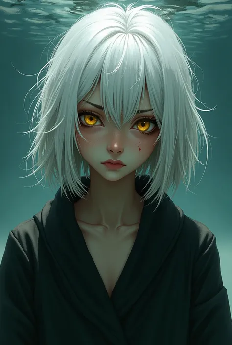 white Hair, messy hair, 1girl, Dark Skin, Scars, black robe, Hair Between Eyes, Yellow Eyes, Fang, Action Painting, Looking at viewer, Tears, Hood, Absurdly Long Hair, Wet Hair, Small Breasts, Slit Pupils, Frown, Partially Underwater Shot, 