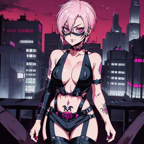 1 girl, solo, cyber ninja, short hair hair, medium breasts, pink eyes, white hair, half-mask, tattoo, gothic, punk, middle thigh...