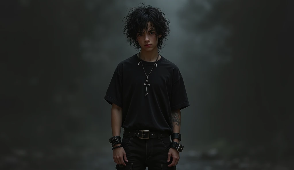 Brown skin color goth boy wearing two punk bracelets black shirt cross pendant chain key pendant chain black cargo pants gothic belt wearing one black boot curly hair black