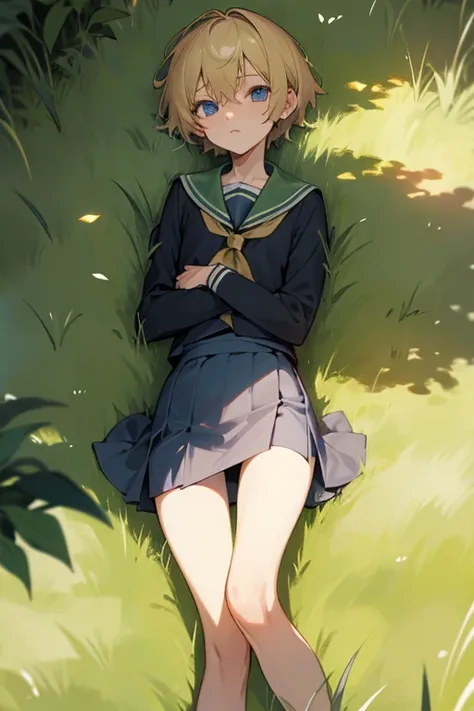 Skinny tiny guy with short blond hair in a very short school skirt lies in the grass with his legs apart 