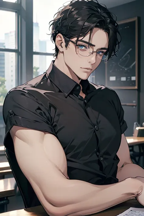 (best qualityer,4K,8k,high resolution,work of art:1.2),ultra detailed,(Realist,fotorRealista,foto-Realista:1.37),1 men,3,mature man,Very beauthful,without expression,muscled body,short black and gray hair,blue colored eyes,sheen,perfect face without mistak...