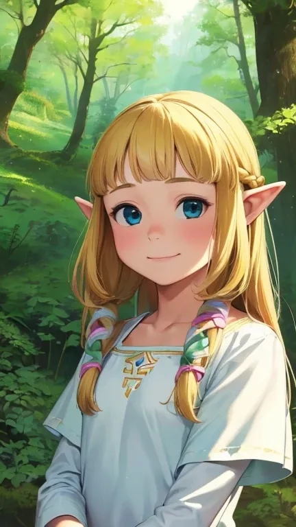 (1girl, solo, highly insanely detailed, masterpiece, top quality, best quality, highres, 4k, 8k, RAW photo),((innocent look)),((Childish)),From the front, symmetrical composition,smile,cute,Innocent,Kind eyes, forest, (takamichi style), (princess zelda), u...