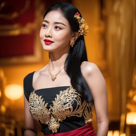 photography, gadis_jelita, portrait of woman wearing kebaya_bali in black long kebaya dress traditional, red lipstick, golden necklace, earrings, ornate, detail, flowers, blurry background, soft focus