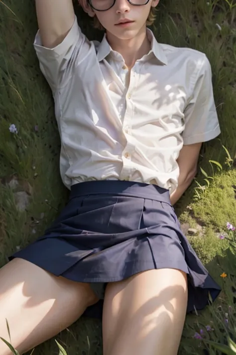 Skinny tiny guy with short blond hair in a very short school skirt lies in the grass with his legs apart 