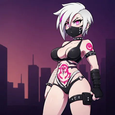 1 girl, solo, Cyber Ninja, Short hair Hair, medium breasts, pink eyes, white hair, Half-mask, tattoo, Gothic, punk, middle thighs, city, revealing outfit, body piercing, Escape, Evil look, studded choker around the neck.Точность, Высокое качество.