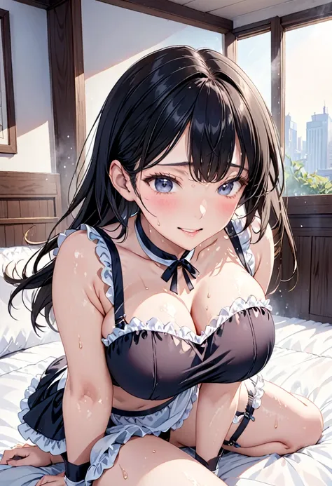 on the bed、thin、cute、One Woman、Seduce、maid clothes,garter belt 、Black Hair, Big Breasts、(((Ecstatic expression、Sweaty)))、First Person View、Anatomically correct, (((Please straddle the audience、)))