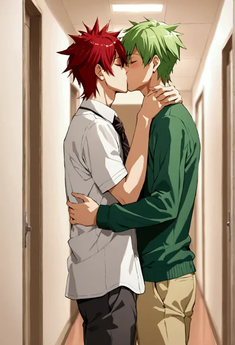 Yaoi couple tall boy long red hair and short boy short spiky green hair, boys kissing, yaoi, kissing in the school hallway, romantic moment, making out, ecchi yaoi.