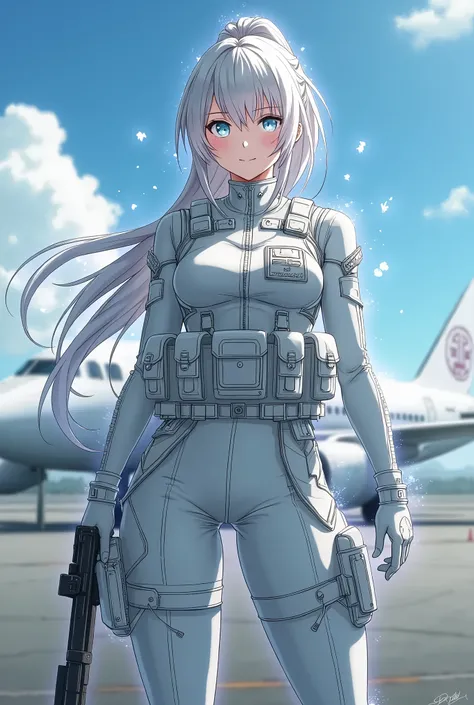 A high-ranking soldier, feared wherever she goes, a fusion of modern military and magic, depicted in an anime style. She is fully visible, wearing a traditional military uniform, complete with a tactical vest, numerous pockets, utility belts, and standard ...