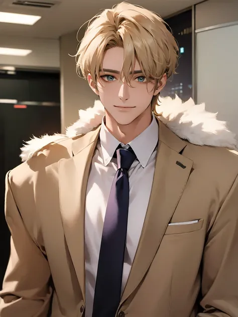 (highest quallity,4K,8k,high resolution,work of art:1.2),super verbose,(realisitic,photorealisitic,photo-realisitic:1.37),1 personld,mature men,beautiful fur、Very beauthful,Expressionless smile in love, short blonde,greeneyes,sharp looking eyes,A perfect f...