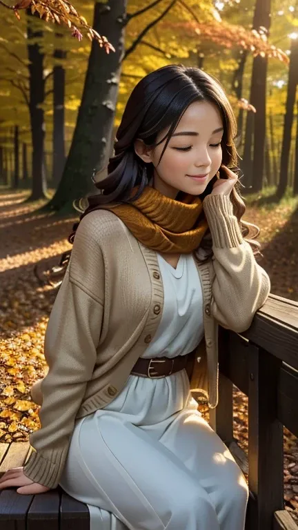 (Best Quality,4K,8k,High resolution,masterpiece:1.2),Very detailed,(Realistic,Realistic,Realistic:1.37),Beautiful Autumn Holidays,Girl in the Garden,Quiet atmosphere,Autumn leaves,Cozy atmosphere,Warm sunshine,Golden Leaf,Fresh air,Rustic wooden bench,Autu...