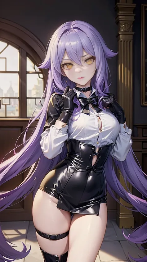 ((Masterpiece)),(( The best quality)), (detailed), expressive eyes, (Perfect face), 1 girl, (standing), (Sirin, Honkai Impact), (long purple hair), (Yellow eyes, detailed eyes), (sensual lips), (serious expression), (slim build), View from the front, choke...