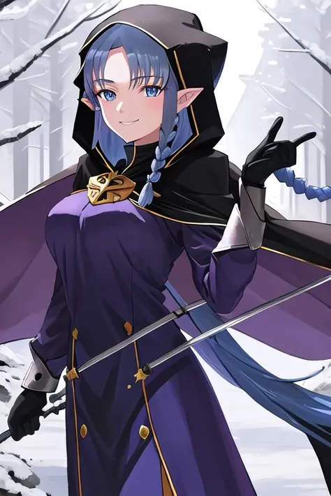 pointy ears, long hair, blue hair, blue eyes, braid, side braid, breasts, purple dress, black gloves, cape, hood, hood up, smile...