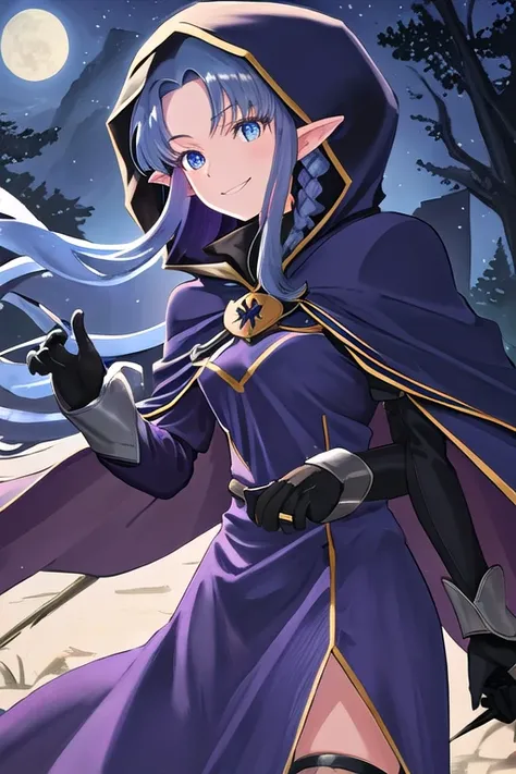 pointy ears, long hair, blue hair, blue eyes, braid, side braid, breasts, purple dress, black gloves, cape, hood, hood up, smile...