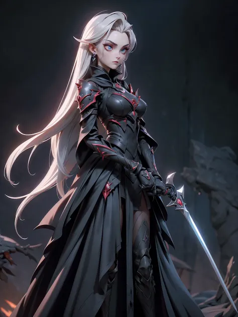 (((masterpiece, best quality, high detailed, 16k))) (1girl) A cold and elegant vampire warrior with short, sleek silver hair that frames her sharp, angular face, and piercing crimson eyes that glow faintly in the dark. Her expression is composed, yet menac...