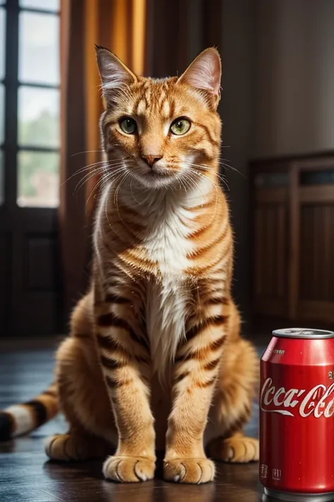 A big orange angry cat,feline,hissing,glaring at viewer,protecting coca-cola cans,furry,detailed feline face,detailed eyes,sharp fangs,detailed fur texture,photorealistic,realistic,4k,8k,highres,masterpiece:1.2,ultra-detailed,realistic:1.37,HDR,UHD,studio ...