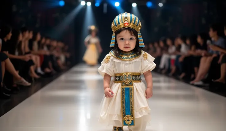 A captivating runway scene featuring a baby dressed as an ancient Egyptian pharaoh, complete with a gold and blue headdress and a regal staff. The baby wears a flowing white robe adorned with gold trim and intricate jewelry, standing confidently as they ma...