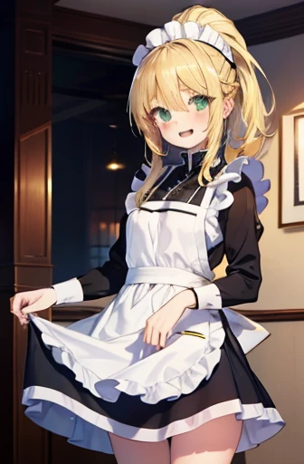 lalatina dustis ford, dustis ford in latin, darkness (konosuba), long hair, (green eyes:1.3), blonde hair, hair ornaments, Blush,Open your mouth,smile,ponytail, Braid, x hair ornaments,headdress, dress, apron, ロングskirt,White socks,mocassins,happy smile, sm...