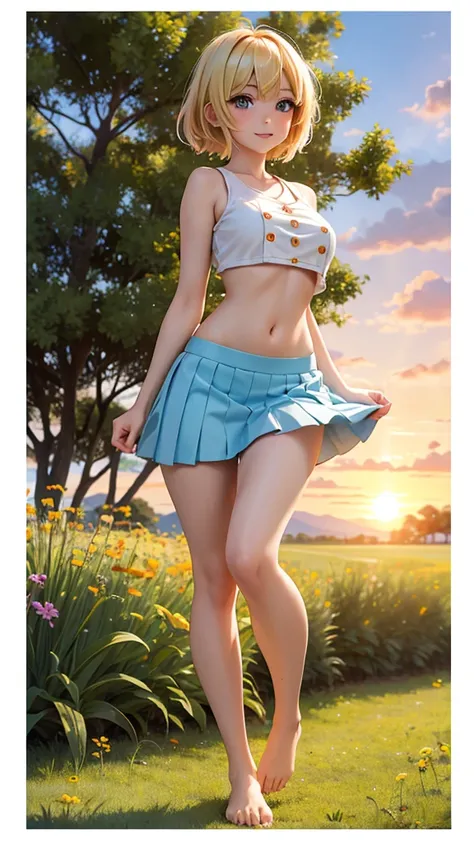 Amiable anime girl with sun-kissed short blonde hair, lounging barefoot in an efflorescent meadow wearing a vivacious crop top and a swaying low-rise skirt, framed by a magical sunset