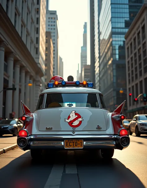 35mm prime lens, f/8, ISO 100. Sleek urban setting: glass skyscrapers, polished surfaces. Stark contrast: Iconic. vibrant  on classical Ectomobile 1959 Cadillac Miller-Meteor the New York City license plate reads (ECTO-1) building. Cool white balance (5500...