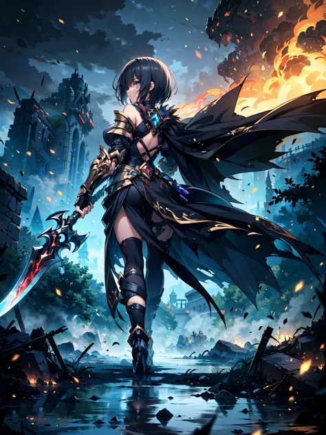 (((masterpiece, best quality, high detailed, 16k))) (1girl) A fierce and imposing female warrior with short, raven-black hair cut in a practical and battle-ready style. Her eyes are sharp and determined, reflecting her strength and resilience on the battle...