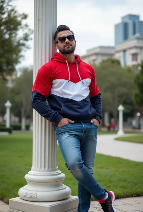 Handsome and muscular man, big chest, strong and muscular legs big bulge, jeans , big crotch bulge, Puma brand sports hoodie two-tone red and white and blue fashion with beautiful park, Masterpiece close up leaning on a very handsome white post spectacular...