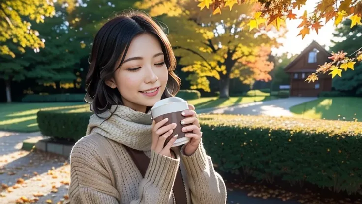 (Best Quality,4K,8k,High resolution,masterpiece:1.2),Very detailed,(Realistic,Realistic:1.3),Beautiful Autumn Holidays,Woman in the garden,Japanese Wife、Quiet atmosphere,秋のautumn leaves,Cozy atmosphere,Warm sunshine,Golden Leaf,Fresh air,Rustic wooden benc...