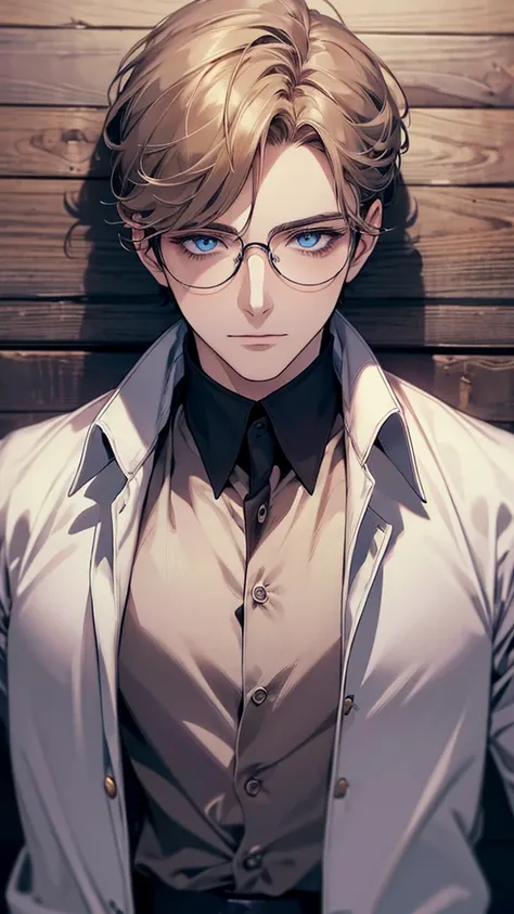 masterpiece, Highest quality, 1 male, Brunette Hair,34 years, blue eyes, Glasses, White shirt, Mugshot, Wall Background, Detailed eyes, Detailed facial features, リアルでHigh resolution (Highest quality, 4K, 8k, High resolution, masterpiece:1.2)