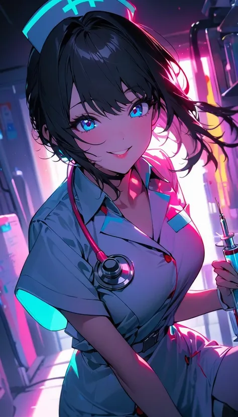 (Best Quality:1.2, Very detailed, up to date, Vibrant, 超High resolution, High contrast masterpiece:1.2, Best Quality, Best aesthetics), (((1 girl))), Beautiful nurse, A smiling nurse is holding a large syringe, Carefully drawn medical equipment, Medical Un...