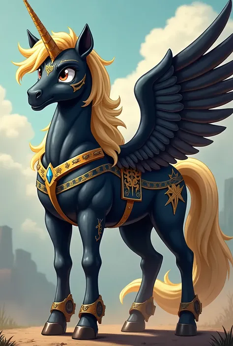 Mlp Male Alicorn with gold hair and black coat with scars a saber and a blue officer uniform 