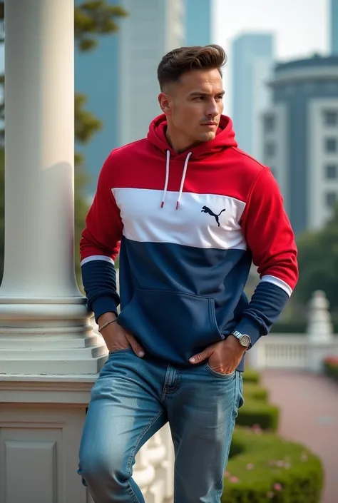 Handsome and muscular man, big chest, strong and muscular legs big bulge, jeans , big crotch bulge, Puma brand sports hoodie two-tone red and white and blue fashion with beautiful park, Masterpiece close up leaning on a very handsome white post spectacular...