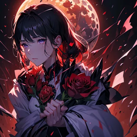 (((Perfect Anatomy、Best Quality、Masterpiece、The best dynamic composition、Super detailed、32K、CG、Super fine)))、A dark, mushy heart、I feel lifeless、心臓にGiant Bladeが突き立つ、Lightless Eyes、Wrapped around the body🌹、Huge shadow of the Grim Reaper in the background、Te...