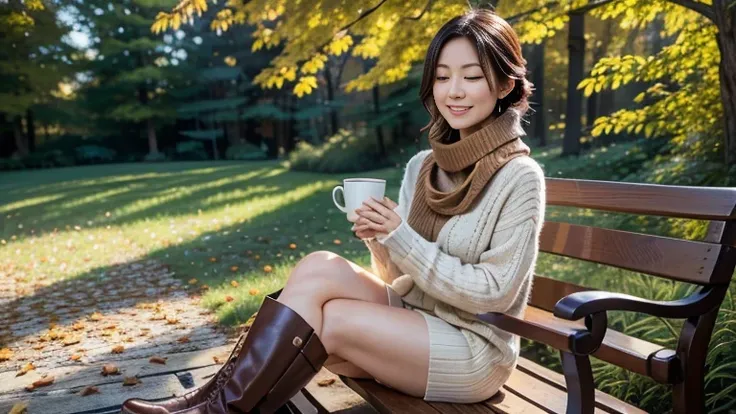 (Best Quality,4K,8k,High resolution,masterpiece:1.2),Very detailed,(Realistic,Realistic:1.3),Beautiful Autumn Holidays,Woman in the garden,Japanese Wife、Quiet atmosphere,秋のautumn leaves,Cozy atmosphere,Warm sunshine,Golden Leaf,Fresh air,Rustic wooden benc...