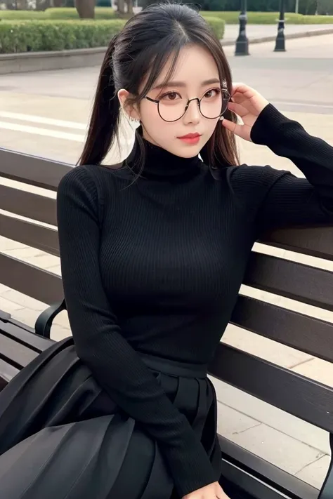 Best Quality　Close-up of face　Super beautiful woman　Glasses　Black long sleeve　turtleneck　Black long skirt　Sexy pose　Glamorous Body　Black Hair　ponytail　sitting on a park bench