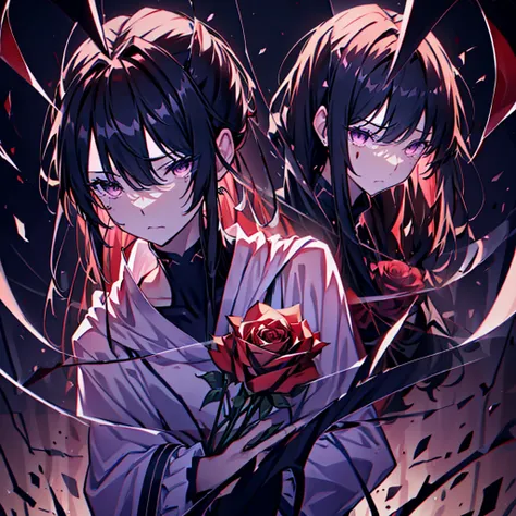 (((Perfect Anatomy、Best Quality、Masterpiece、The best dynamic composition、Super detailed、32K、CG、Super fine)))、A dark, mushy heart、I feel lifeless、心臓にGiant Bladeが突き立つ、Lightless Eyes、Wrapped around the body🌹、Huge shadow of the Grim Reaper in the background、Te...