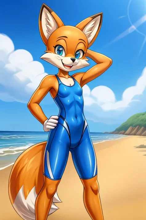 fox cartoon skinny slim in blue lycra swimsuit on beach with happy face