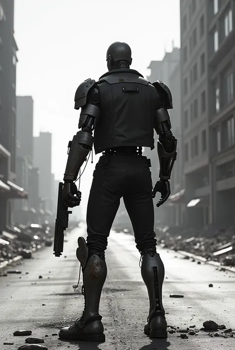 distant image of the t-800 dirty exoskeleton of the terminator of the future with an m80 in his hands shooting, he has a torn and dirty black jacket with pieces falling off the exoskeleton, a torn pair of pants and a torn boot and one of the exoskeleton&#3...