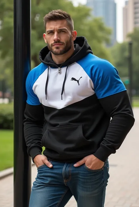 Handsome and muscular man, big chest, strong and muscular legs big bulge, jeans , big crotch bulge, Puma brand sports hoodie two-tone black and white and blue fashion with beautiful park, Masterpiece close up leaning on a very handsome black pole spectacul...