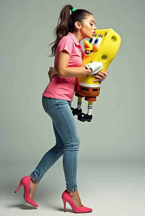 Ariana Grande carried and kissed Spongebob Squarepants on the lips. Ariana Grande is wearing pink polo, pink high heels, and skinny blue jeans. Spongebob Squarepants is wearing his original clothes in the Spongebob Squarepants series. Full height from head...