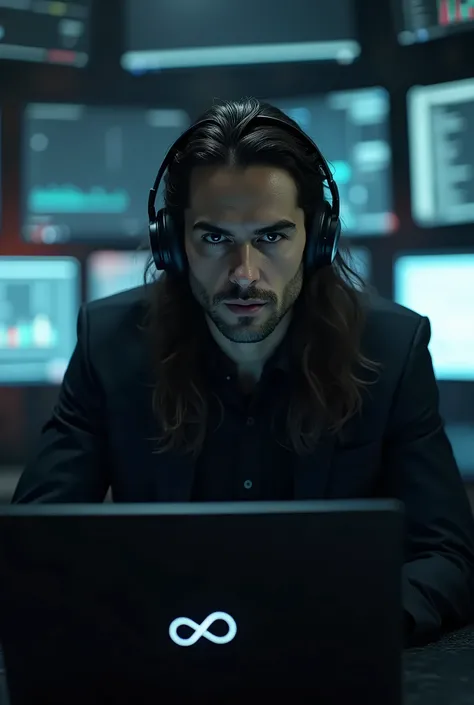 A INTJ man long hair who look like a mastermind and has a headset with Infinity symbol