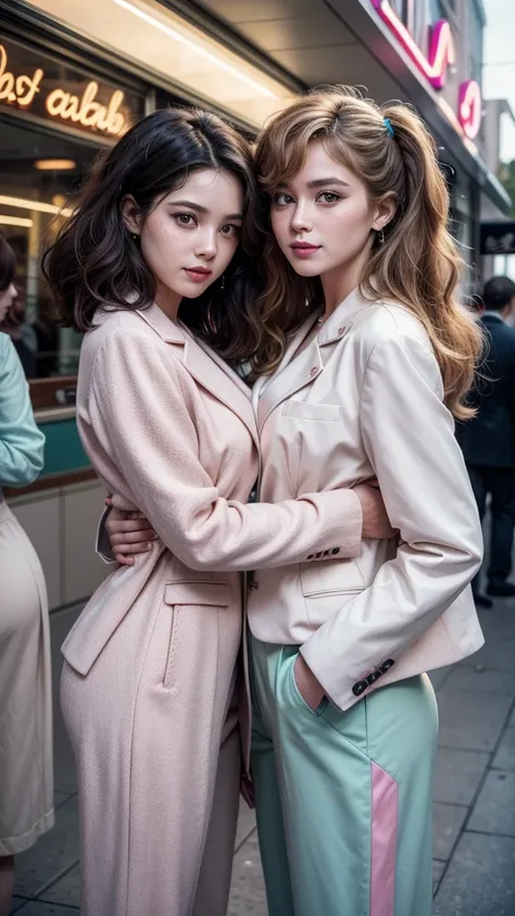 "Two very beautiful women, both wearing stylish, oversized 1980s suits, meet and greet each other in the center of a bustling, retro mall. One wears a pastel-colored suit with broad shoulders and a cinched waist, while the other rocks a bold, geometric-pat...